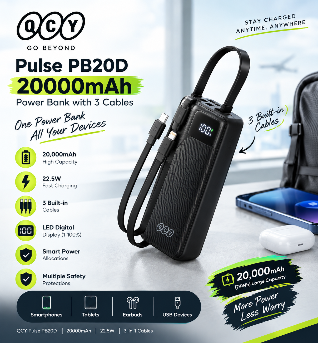 QCY Pulse PB20D 20000mAh(22.5W) Power Bank With 3 Cables