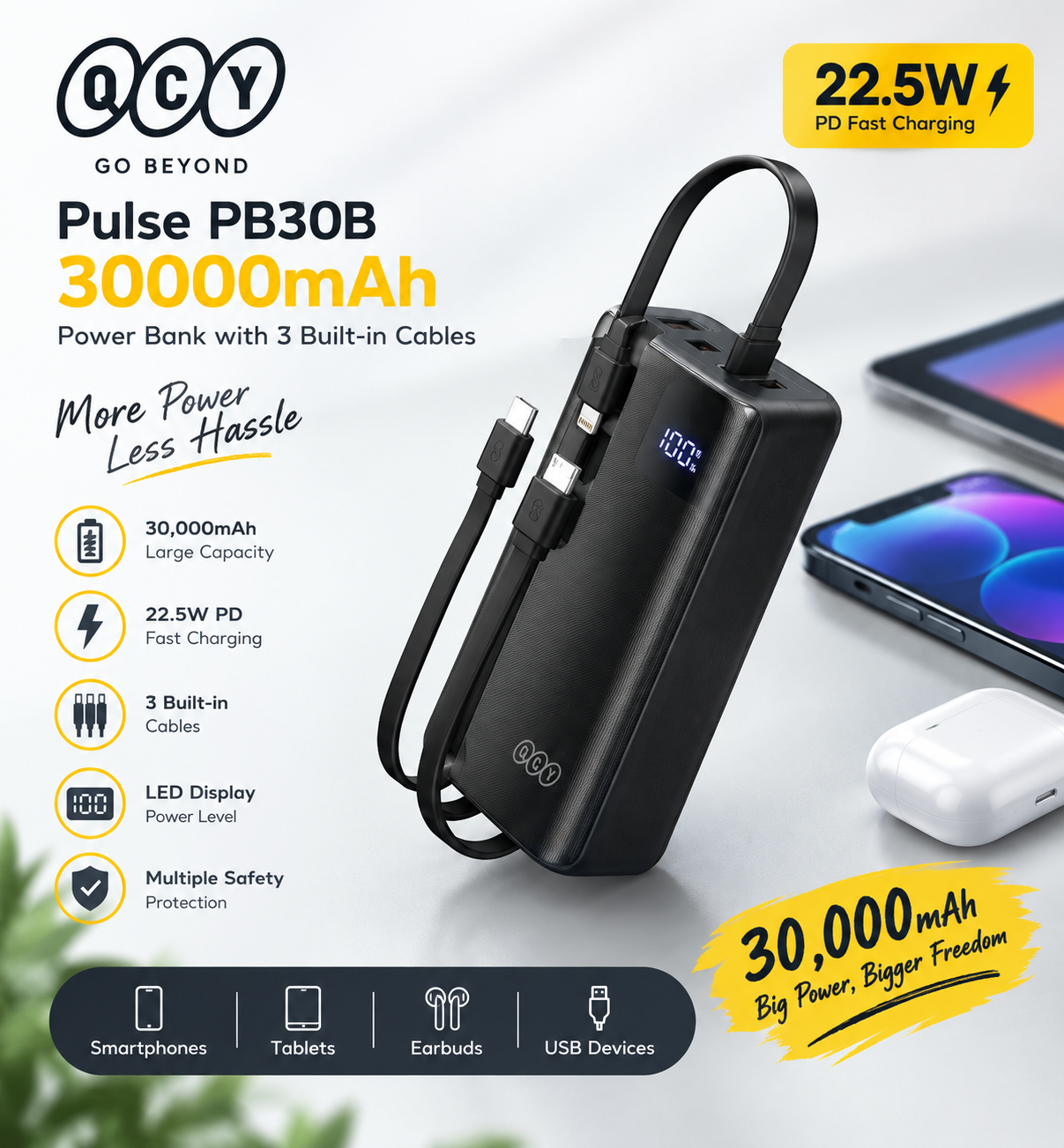 QCY Pulse PB30B 30000mAh Power Bank with 3 Built-in Cables