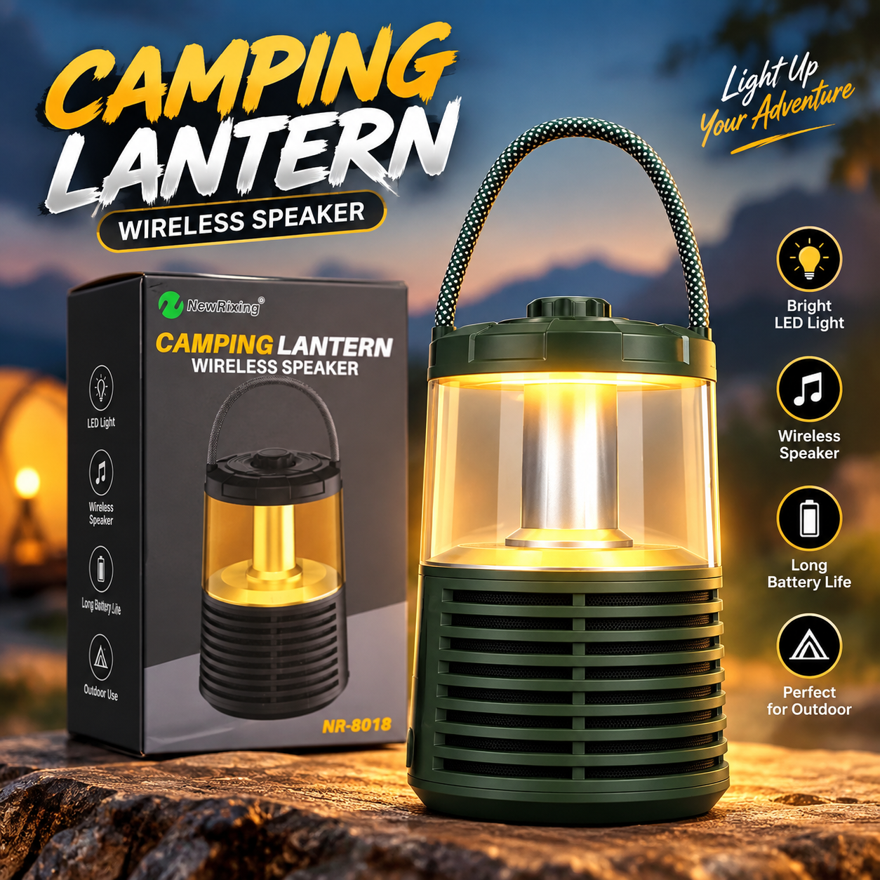 NewRixing NR-8018 3-in-1 Camping Lantern Wireless Speaker – LED Light