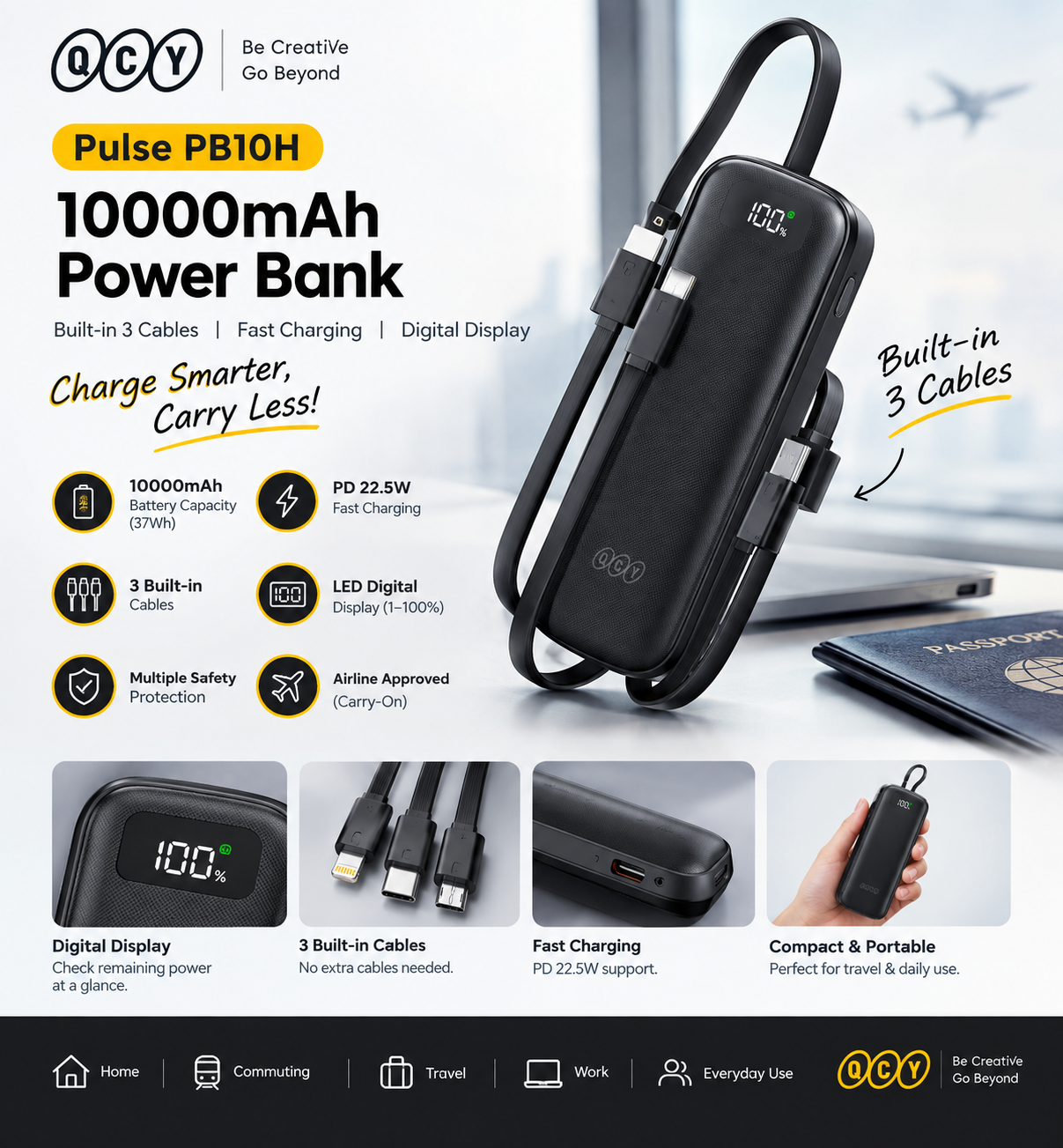 QCY Pulse PB10H 10000mAh Power Bank with 3 Built-in Cables