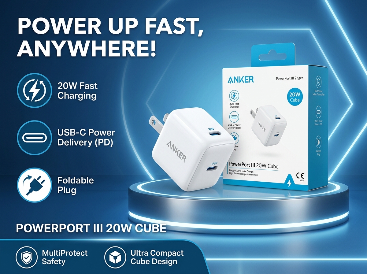 Anker 20W Box Fast Charger with Foldable Plug, Powersport III 20W Cube Charger